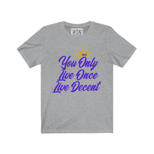 Load image into Gallery viewer, Unisex Jersey Short Sleeve YOLO w/purple print