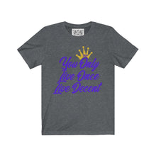 Load image into Gallery viewer, Unisex Jersey Short Sleeve YOLO w/purple print